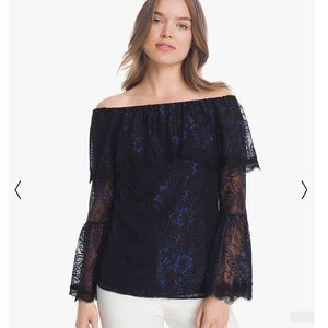 White House Black Market Off-the -Shoulder Lace Top Blue Black 4